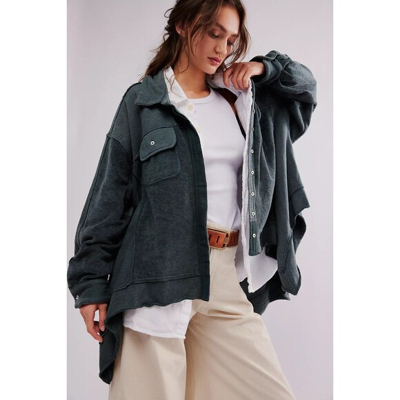 Free People Riley Sweatshirt Top Buttondown Slouchy Oversized Collared S 271404 - Picture 2 of 7